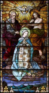 Detail of 5th Glorious Mystery Stained Glass Window Coronation of Mary Cathedral of the Madeleine Salt Lake City