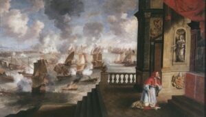 Jan Peeters I Battle of Lepanto of 1571 with Pope Pius V kneeling before a statue of Catherine of Ricci
